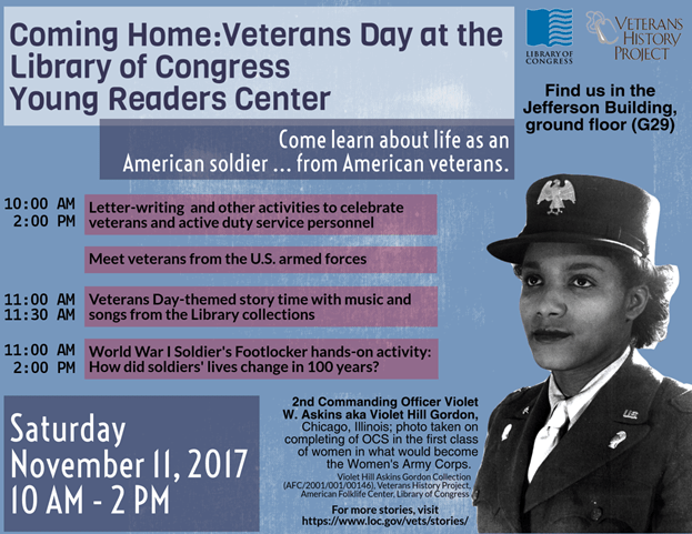 Calendar of events for Saturday, Nov. 11, 2017 at the Young Readers Center